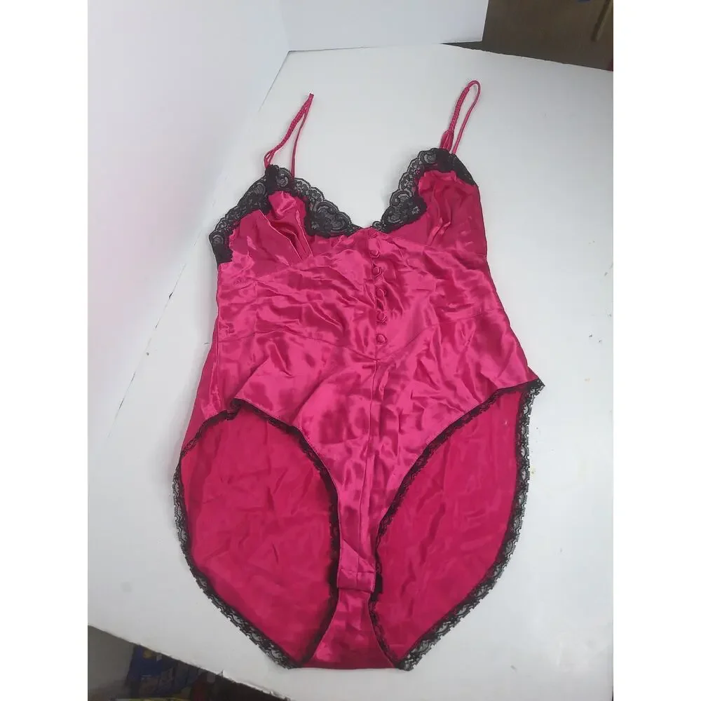 Vintage JCPenney Delicates Pink Satin Black Lace Teddy Bodysuit Size M New